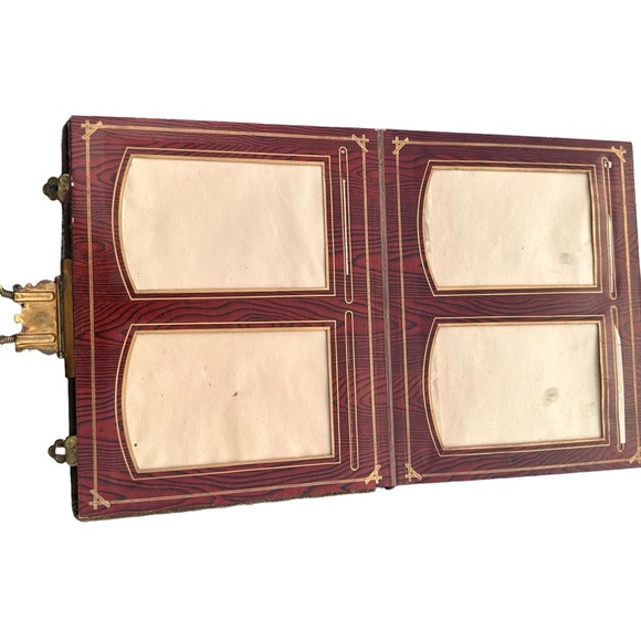 Antique Victorian Wood Leather Album Cherubs Ormolu Latch Accents Cabinet Cards - Picture 15 of 16